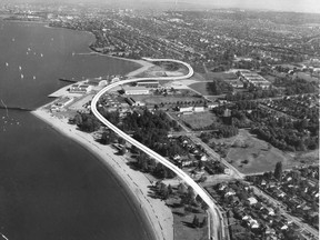 Sept 16, 1961, modified May 12, 1964. Photo of Point Grey Road with a proposed extension through what is now Jericho Park. George Allen Aerial Photo. For a John Mackie story. [PNG Merlin Archive]