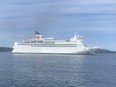 The MV Isabelle, a floating hotel, is moored in Nanaimo Harbour awaiting deployment to the Woodfibre LNG project in Squamish, April 3, 2024.