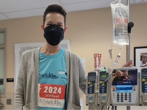 Transplant recipient Jennifer Keys completed the 2024 virtual Vancouver Sun Run outside hospital.