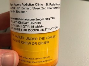 A bottle of Suboxone that is prescribed to help with opioid withdrawal symptoms and is allegedly linked to dental harms.