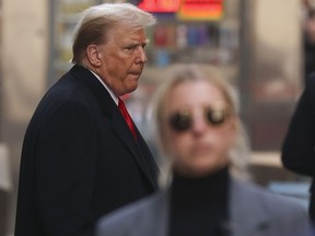 Former President Donald Trump departs 40 Wall Street after a news conference, Monday, March 25, 2024, in New York.