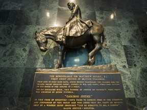 A new B.C. law that removes the right of lawyers and other legal personnel to regulate their own profession is being challenged by lawyer groups in B.C. Supreme Court on constitutional grounds. Pictured here, the statue of Sir Matthew Baillie Begbie — the first Chief Justice of B.C. — inside the lobby of the Law Society of B.C. in Vancouver.