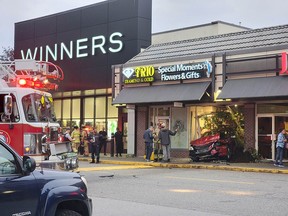 A woman is facing impaired driving charges after a crash in the parking lot of the Park and Tilford shopping centre on Brooksbank Avenue in North Vancouver on Saturday, May 4, 2024.