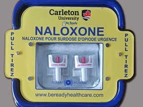A nasal naloxone box that is posted in 19 places across Carleton University. Photo: Dillon Brady, Carleton