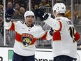 Anton Lundell, right, of the Florida Panthers celebrates a goal with Evan Rodrigues during the second period against the Boston Bruins in Game 4 of the Second Round of the 2024 Stanley Cup Playoffs at TD Garden on Sunday, May 12, 2024, in Boston, Mass.