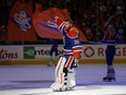 Calvin Pickard #30 of the Edmonton Oilers is recognized as one of the stars of the game after defeating the Vancouver Canucks 3-2 in Game 4 of their second-round Western Conference playoff series at Rogers Place on Wednesday, May 14, 2024, in Edmonton.