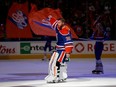 Calvin Pickard #30 of the Edmonton Oilers is recognized as one of the stars of the game after the victory against the Vancouver Canucks