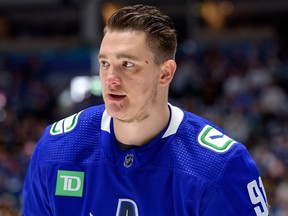 Nikita Zadorov #91 of the Vancouver Canucks skates up the ice during warmup before Game Seven of the Second Round of the 2024 Stanley Cup Playoffs against the Edmonton Oilers at Rogers Arena on May 20, 2024 in Vancouver, British Columbia, Canada.