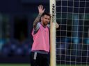 Inter Miami's Argentine forward #10 Lionel Messi takes a break on the pitch during Inter Miami CF's Fútbol Fiesta Open training day at Chase Stadium in Fort Lauderdale, Florida on May 21, 2024.