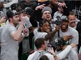 The Boston Celtics celebrate after Game Four of the Eastern Conference Finals at Gainbridge Fieldhouse on May 27, 2024 in Indianapolis, Indiana.