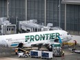 An Airbus A320neo plane, operated by Frontier Airlines Holdings, arrives to a gate at Raleigh-Durham International Airport (RDU) in Morrisville, North Carolina, U.S., on Thursday, Jan. 20, 2022.