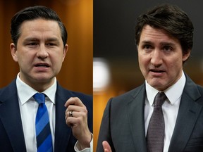 Two separate images combined. Leader of the Conservative Party Pierre Poilievre (left) and Prime Minister Justin Trudeau during Question Period, in Ottawa, Tuesday, Dec. 5, 2023. THE CANADIAN PRESS/Adrian Wyld