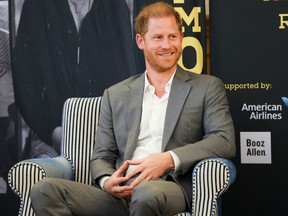 Prince Harry, Duke of Sussex and Patron of the Invictus Games Foundation, sits onstage at the Honourable Artillery Company on May 7, 2024 in London, England.