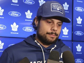 Toronto Maple Leafs Auston Matthews speaks to the media at the Ford Performance Centre on locker cleanout day in Toronto on Monday May 6, 2024.