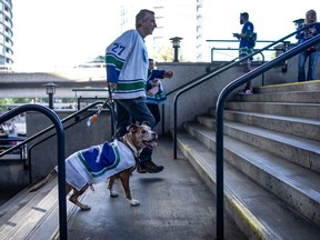 A fan walks with his dog outside of Rogers Arena before Game 1 against the Oilers.