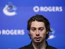 Vancouver Canucks captain Quinn Hughes speaks during the NHL hockey team's end-of-season press conference in Vancouver, British Columbia, on Thursday, May 23, 2024.
