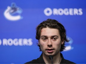 Vancouver Canucks captain Quinn Hughes speaks during the NHL hockey team's end of season news conference, in Vancouver, B.C., Thursday, May 23, 2024.