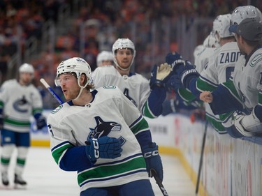 Brock Boeser (6) of the Vancouver Canucks scored a hat- trick agains the Edmonton Oilers at Rogers Place in Edmonton on May 12, 2024.  Photos by Shaughn Butts-Postmedia