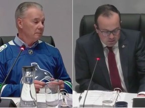 Delta Mayor George Harvie (left) and city councillor Dylan Kruger at the May 6 meeting where councillors stripped Harvie of his position on Metro Vancouver's board.