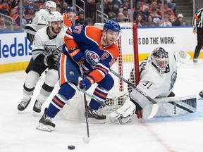 Edmonton Oilers captain Connor McDavid was named a finalist for this year's Hart Trophy on Tuesday as he seeks to win the NHL's most valuable player award for a second straight season. Los Angeles Kings' Matt Roy (3) chases McDavid (97) as goalie David Rittich (31) poke checks the puck during second period NHL playoff action in Edmonton, Wednesday, May 1, 2024.THE CANADIAN PRESS/Jason Franson