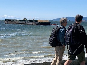 A barge adrift in Vancouver's English Bay at around 2:30 p.m. on Tuesday, May 7, 2024. Photo credit: Derrick Penner/PNG