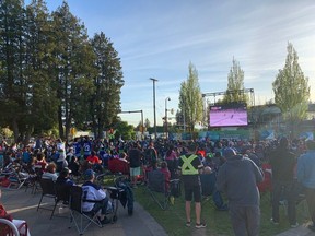 About 400 people turned out on Wednesday to North Delta's Heart Social Plaza for a Canucks viewing party.