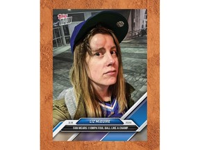 Toronto Blue Jays fan Liz McGuire is shown in a Topps Now card showing an injury she sustained from a foul ball at a recent Blue Jays game, in this handout photo posted by Topps on X.