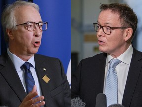 Attempts to avoid vote splitting and prevent another B.C. NDP government have failed, say B.C. United Leader Kevin Falcon (right). B.C. Conservatives Leader John Rustad is pictured on the left.