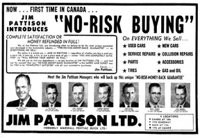 Jim Pattison ad from the May 29, 1961 Vancouver Sun, when Pattison opened his first car dealership at Cambie and 18th in Vancouver. The ad was part of a four page special section on the dealership, and also ran in the Province.