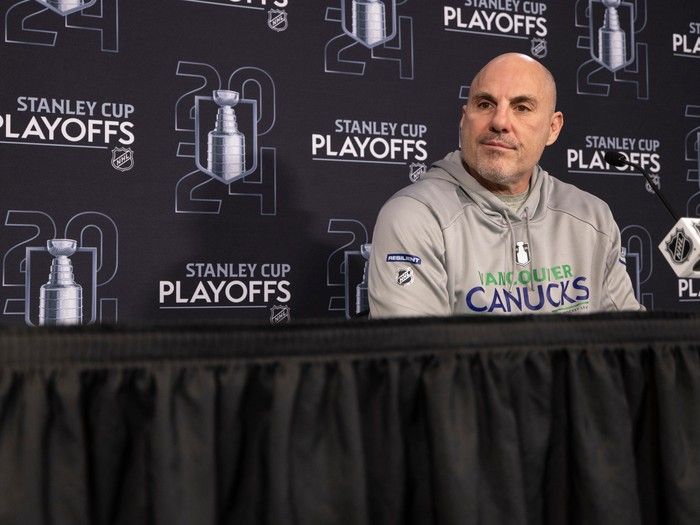 Vancouver Canucks head coach Rich Tocchet at team game-day team practice at Rogers arena in Vancouver, BC Tuesday, April 23, 2024. 