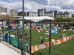 Student activists and others occupy MacInnes Field at UBC in support of Palestinians on Thursday, May 2, 2024.