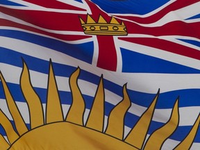 British Columbia's provincial flag flies on a flagpole on July 3, 2020.