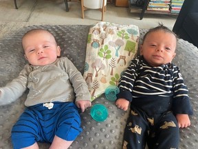 Charlie (left) and Arthur weighed less than four pounds when they were born seven weeks early in January.