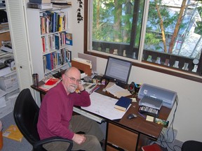 Howard White is seen here in his office at Harbour Publishing which he co-founded with his wife Mary 50 years ago. Since then the independent imprint has published 1,000 titles.