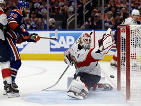 The Edmonton Oilers' Adam Henrique (19) scores on the Florida Panthers' goalie Sergei Bobrovsky (72) during the first period of Game 4 of the Stanley Cup Finals at Rogers Place, in Edmonton Saturday June 15, 2024. Photo by David Bloom