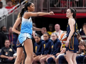 Angel Reese #5 of the Chicago Sky reacts after fouling Caitlin Clark #22 of the Indiana Fever during the second half at Gainbridge Fieldhouse on June 16, 2024 in Indianapolis, Indiana.