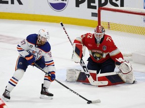 Connor McDavid #97 of the Edmonton Oilers skates past Sergei Bobrovsky #72 of the Florida Panthers during the third period of Game Seven of the 2024 Stanley Cup Final at Amerant Bank Arena on June 24, 2024 in Sunrise, Florida.