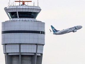 A WestJet Boeing 737 climbs out of the Calgary International Airport on Thursday April 25, 2024.