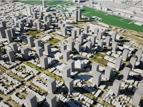 This screen shot is taken from an interactive 3D model that designer Stephen Bohus is making available to the public of the Broadway Plan. Viewers can zooming in and out of the model to see proposed towers from almost any angle, including from high above or street level.