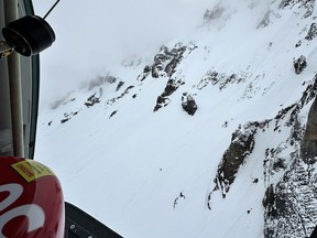 The Atwell Peak area of Mount Garibaldi, near Squamish, B.C. is shown from a helicopter, in this handout image provided by North Shore Rescue, taken on Wednesday June 5, 2024.
