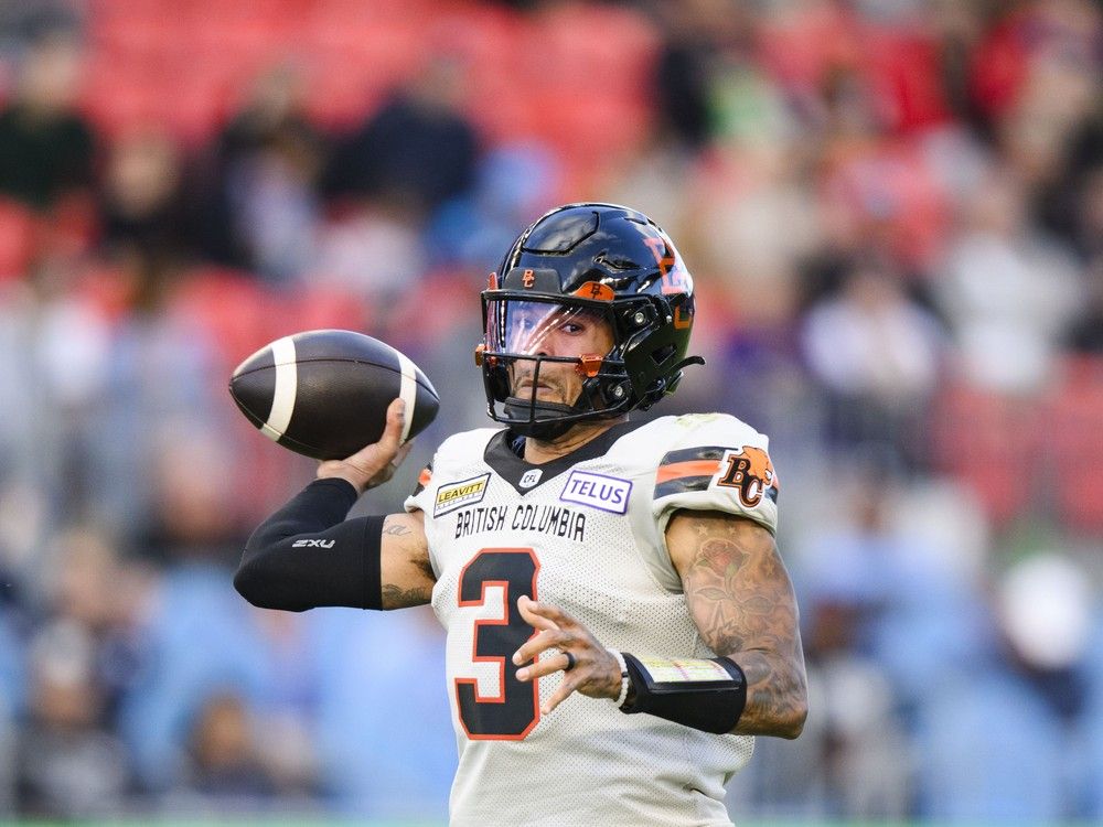 B.C. Lions quarterback Vernon Adams Jr. (3) throws the ball during the first half against the Toronto Argonauts in Toronto on Sunday.