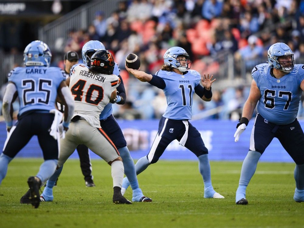 Toronto Argonauts quarterback Cameron Dukes (11) throws the ball during first half CFL action against the B.C. Lions
