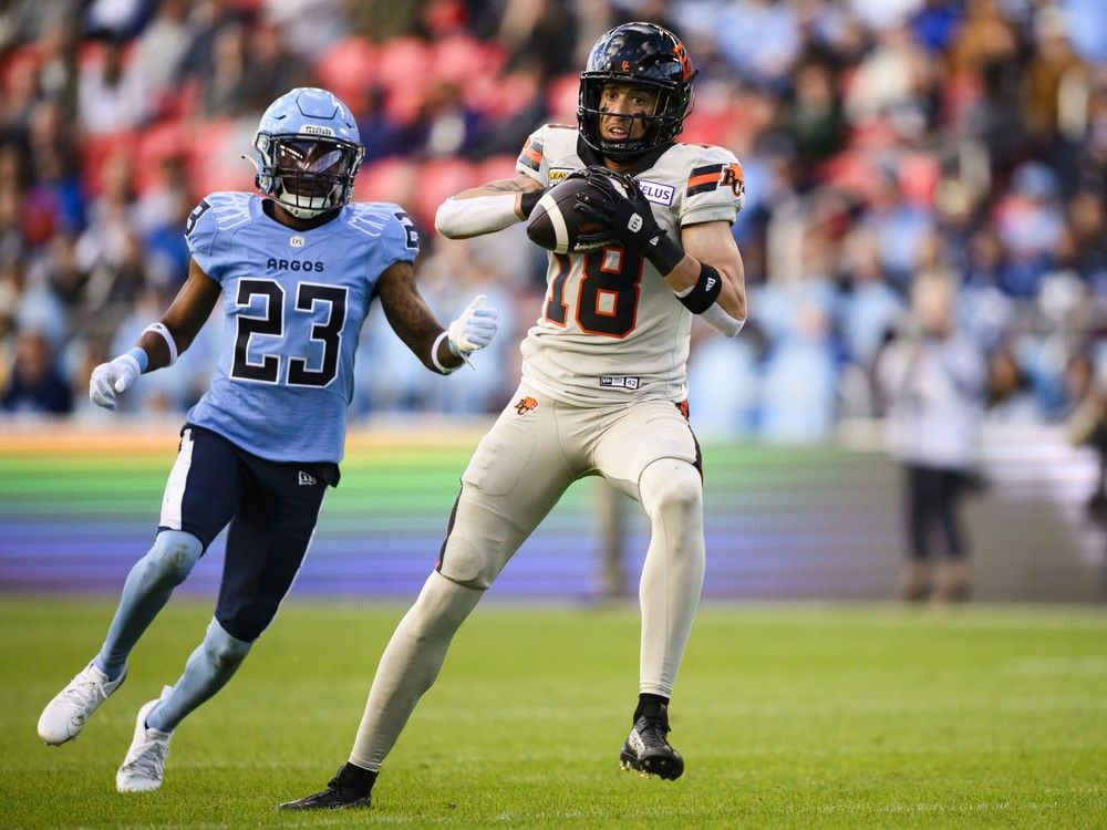 B.C. Lions wide receiver Justin McInnis (18) receives a pass to score a touchdown during the first half
