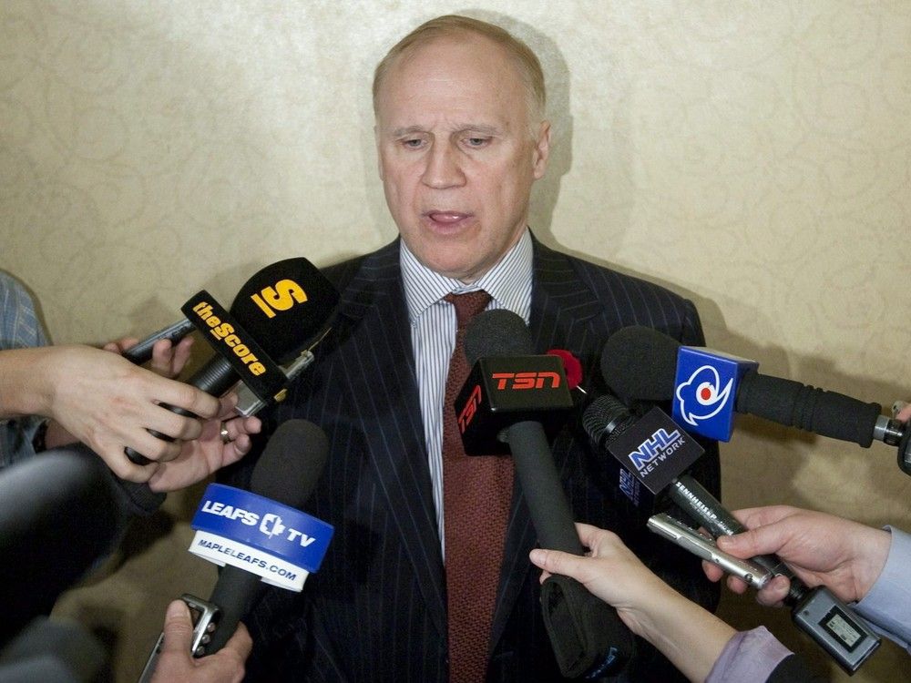 Colin Campbell speaks to reporters during the NHL General Managers' annual fall meeting in Toronto in 2010 as NHL Senior VP and Director of Hockey Operations.