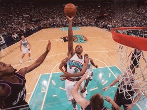 Vancouver Grizzlies Shareef Abdur -Rahim goes up to score two points during NBA action against the Utah Jazz at GM Place in 1999.