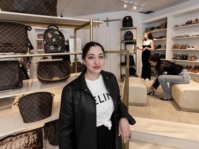 Ranaa Patel with employees Jaycie Empey and Lexi Thexton inside Mine & Yours luxury consignment store in Vancouver on June 6, 2024.