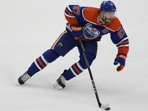 Edmonton Oilers Connor McDavid handles the puck against the Florida Panthers during first-period Game 6 action of the NHL Stanley Cup Final on Friday, June 21, 2024, in Edmonton.