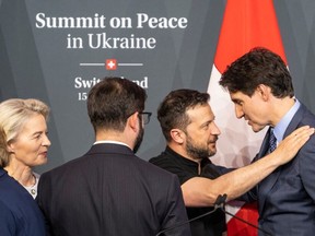 President of the European Commission Ursula von der Leyen (L), Chile's President Gabriel Boric, Ukraine's President Volodymyr Zelenskyy and Canadian Prime Minister Justin Trudeau speak after the closing press conference of the Summit on peace in Ukraine, at the luxury Burgenstock resort, near Lucerne, on June 16, 2024.