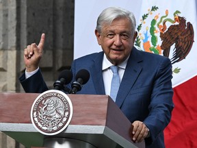 Mexico's President Andres Manuel Lopez Obrador speaks after a meeting with members of Mexico's Olympic teams at the National Palace in Mexico City on June 11, 2024.