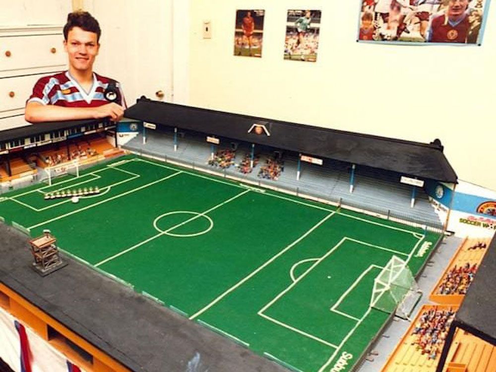 Peter Schaad with his custom Villa Park Subbuteo table in 1984.